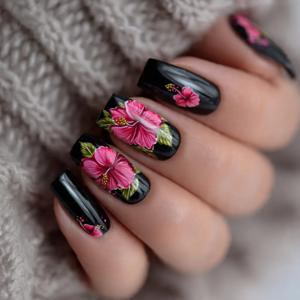 15 Hibiscus Flower Summer Nails That Are Basically a Vacation on Your Hands 10 black base with hibiscus nail art