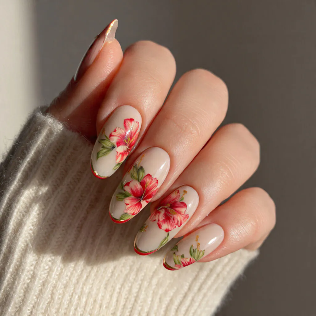 15 Hibiscus Flower Summer Nails That Are Basically a Vacation on Your Hands 6 french tip hibiscus remix nails