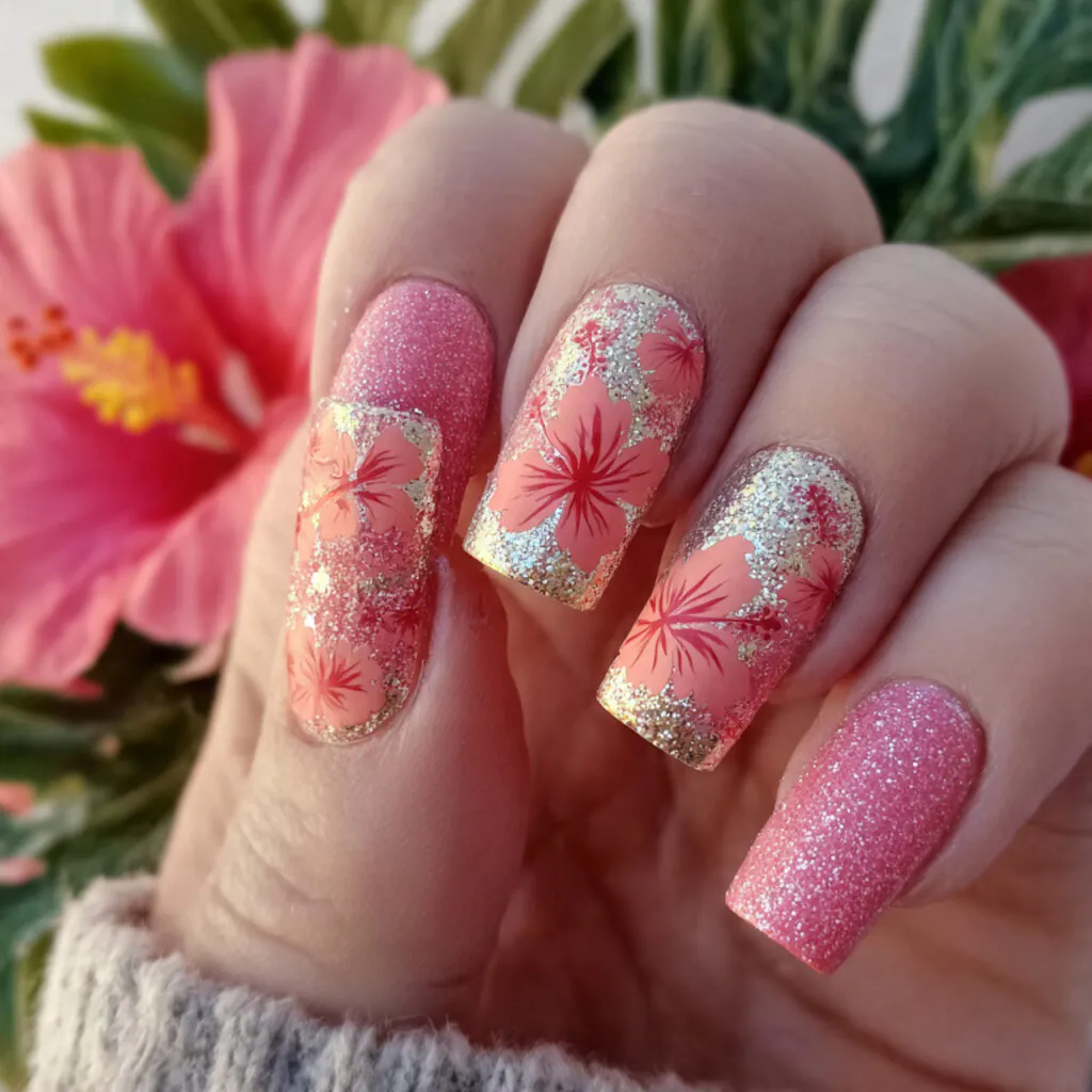 15 Hibiscus Flower Summer Nails That Are Basically a Vacation on Your Hands 11 glitter hibiscus nails