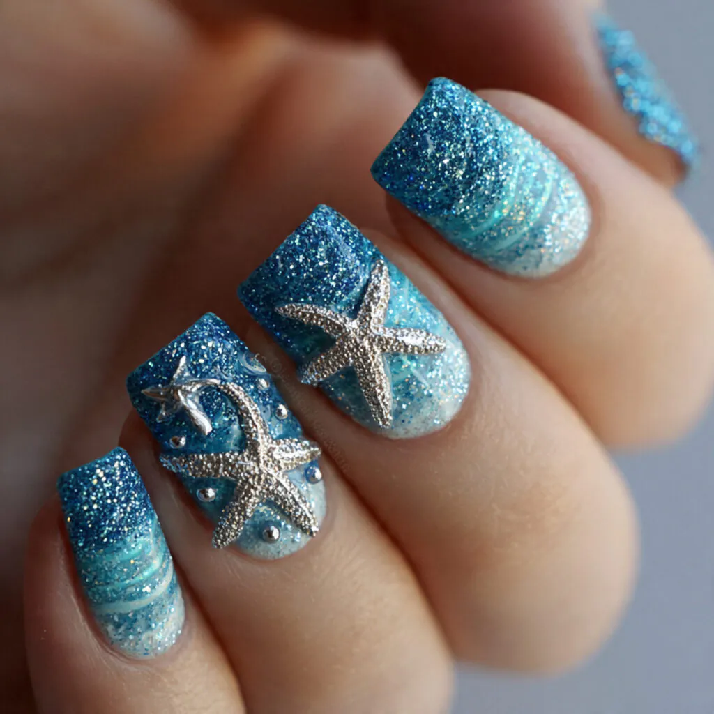 17 Starfish Summer Nails That Will Make Your Beach Vibes Unstoppable This Season 10 glitter ocean nails starfish