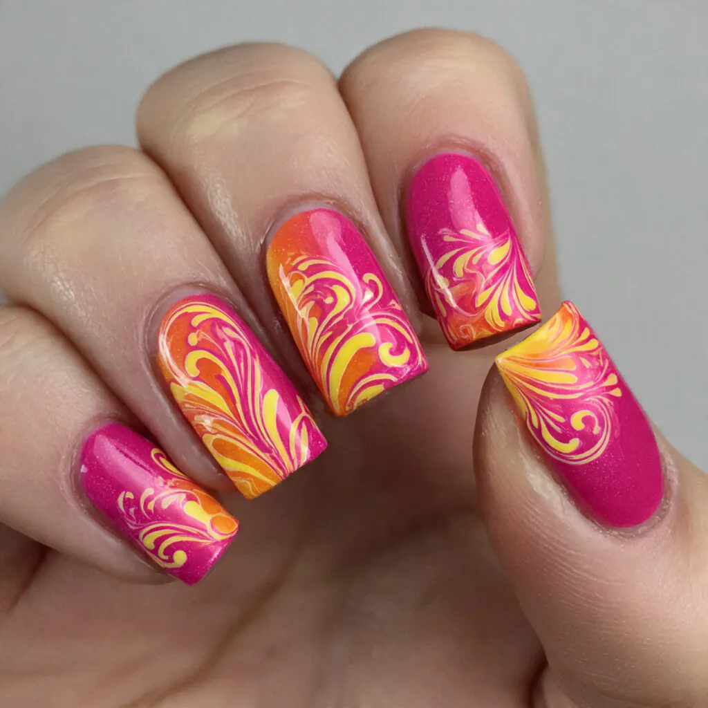 14 Summer Nails Pink and Orange Ideas That Are Literally Too Cute to Ignore 4 hot pink base with orange swirls