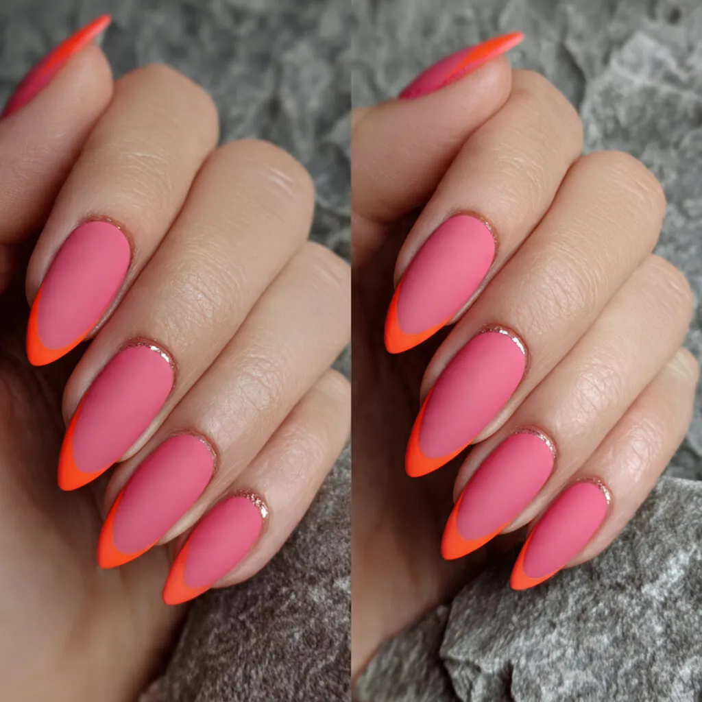 14 Summer Nails Pink and Orange Ideas That Are Literally Too Cute to Ignore 5 matte coral pink glossy orange tips nails
