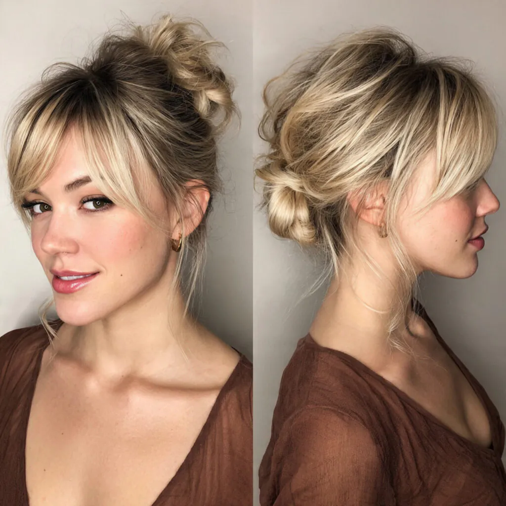 15 Side Bangs Hairstyles That Instantly Make You Look Cooler (Like… Effortlessly Chic Cool) 4 messy bun with wispy side bangs