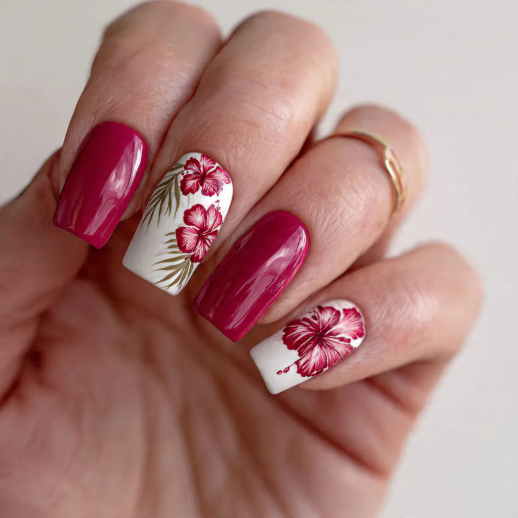 15 Hibiscus Flower Summer Nails That Are Basically a Vacation on Your Hands 4 minimalist hibiscus accent nails