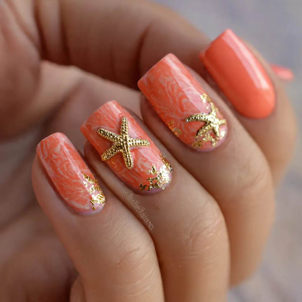 17 Starfish Summer Nails That Will Make Your Beach Vibes Unstoppable This Season 8 neon coral gold starfish nails
