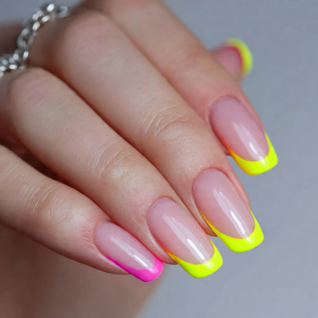 14 Summer Almond Nails That Are So Cute You’ll Want a New Set Every Week 3 neon french tips nails