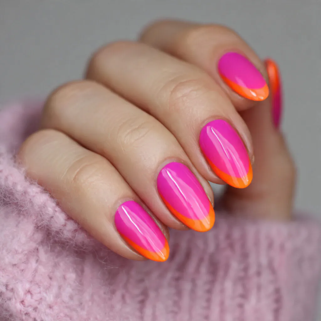 14 Summer Nails Pink and Orange Ideas That Are Literally Too Cute to Ignore 7 neon pink orange color block nails
