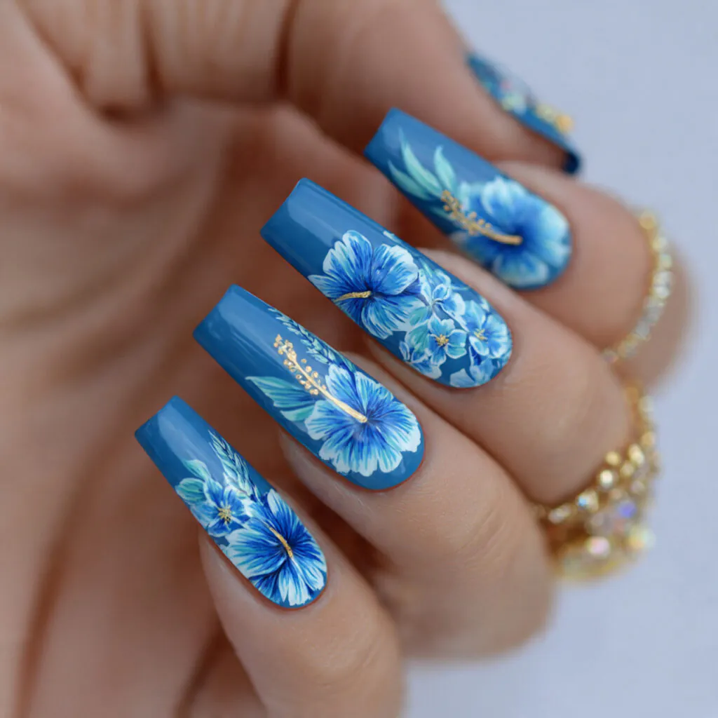 15 Hibiscus Flower Summer Nails That Are Basically a Vacation on Your Hands 14 ocean blue hibiscus nails