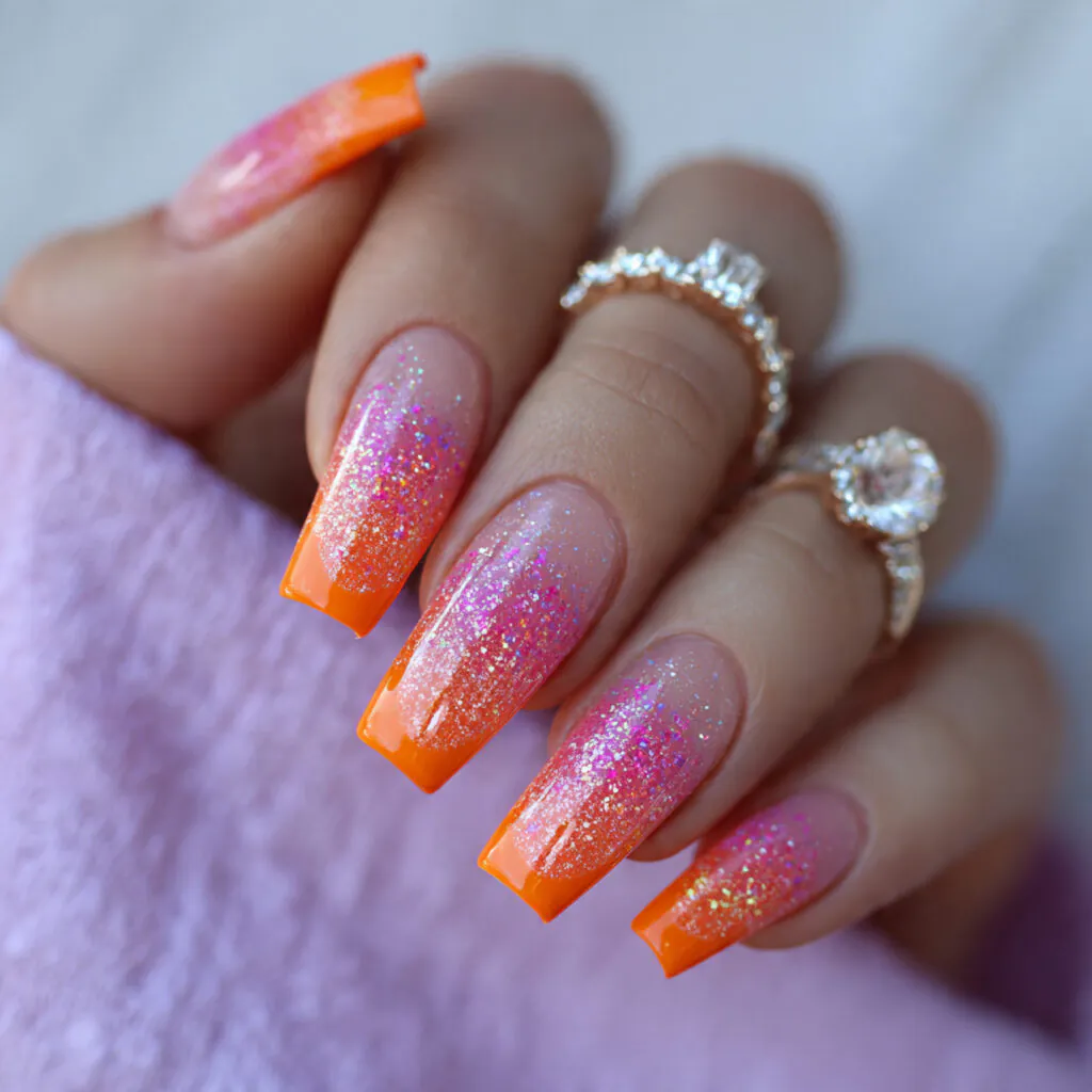 14 Summer Nails Pink and Orange Ideas That Are Literally Too Cute to Ignore 14 orange tips with pink glitter fade nails