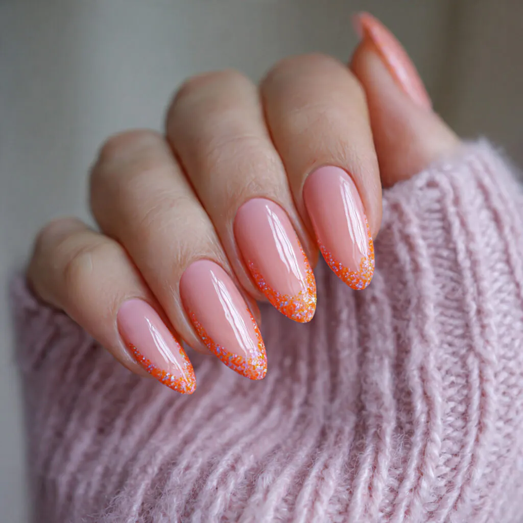 14 Summer Nails Pink and Orange Ideas That Are Literally Too Cute to Ignore 8 peachy pink gloss with orange glitter accent nails