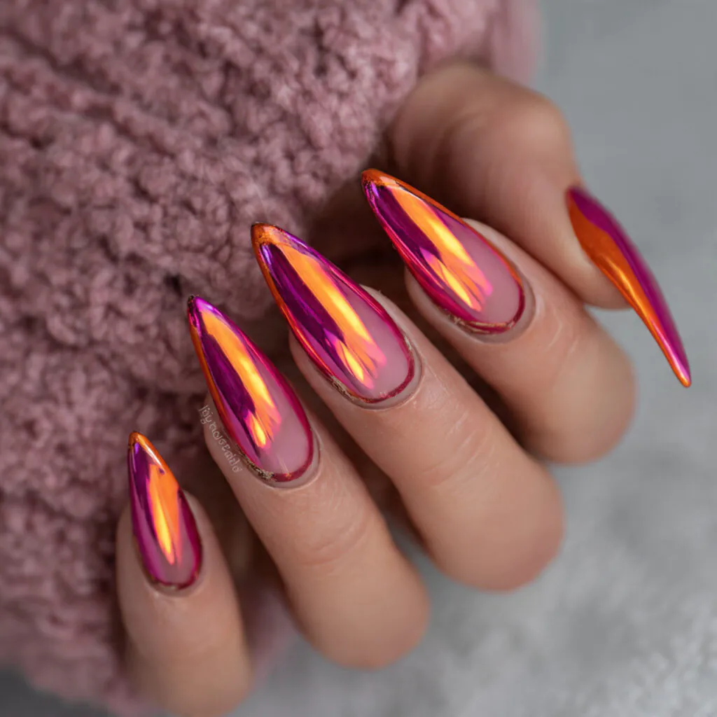14 Summer Nails Pink and Orange Ideas That Are Literally Too Cute to Ignore 10 pink chrome with orange details nails