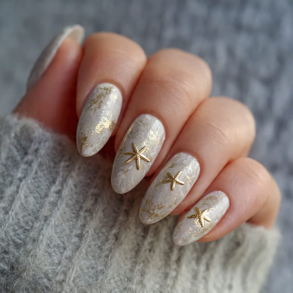 17 Starfish Summer Nails That Will Make Your Beach Vibes Unstoppable This Season 15 soft beige gold foil starfish nails