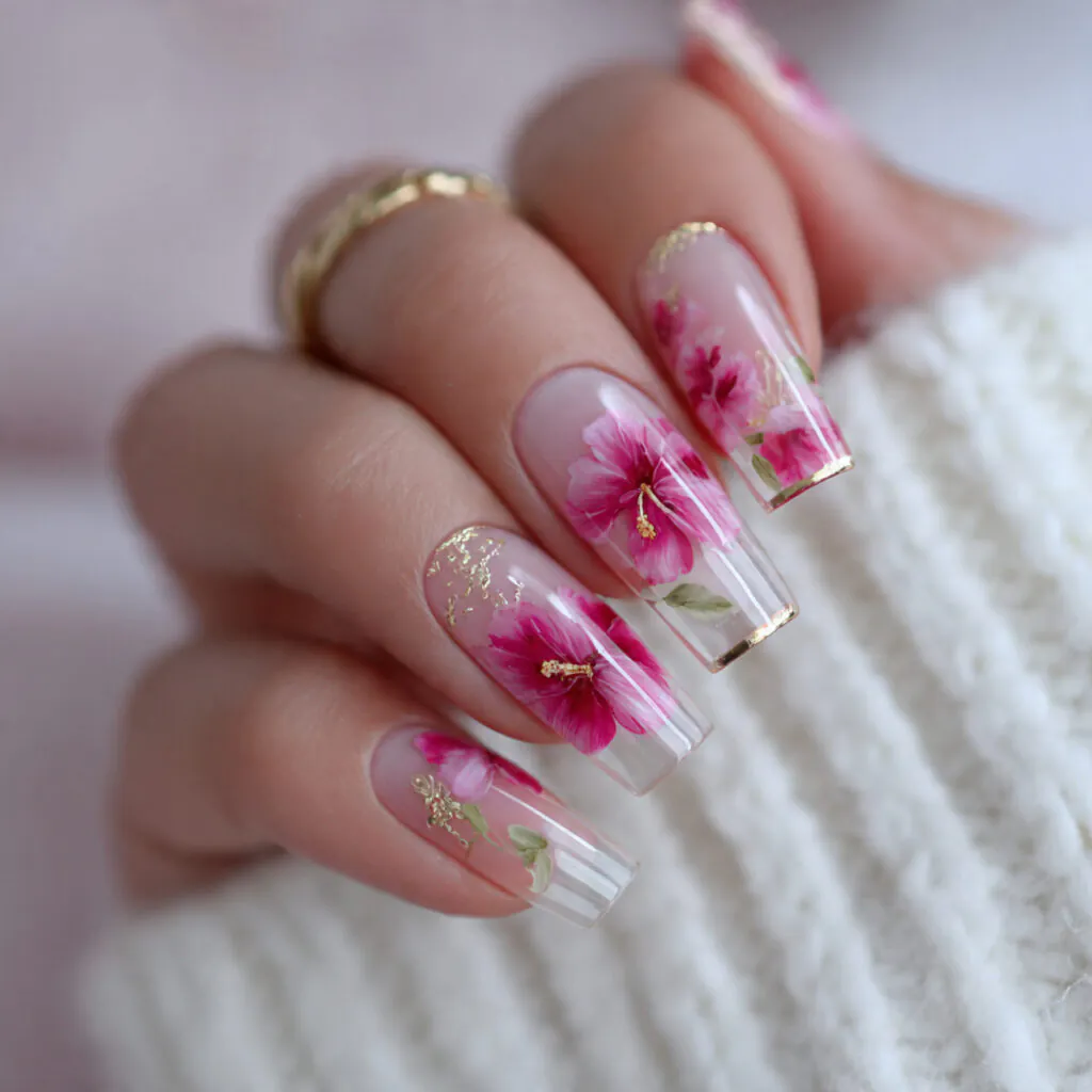 15 Hibiscus Flower Summer Nails That Are Basically a Vacation on Your Hands 13 transparent jelly hibiscus nails