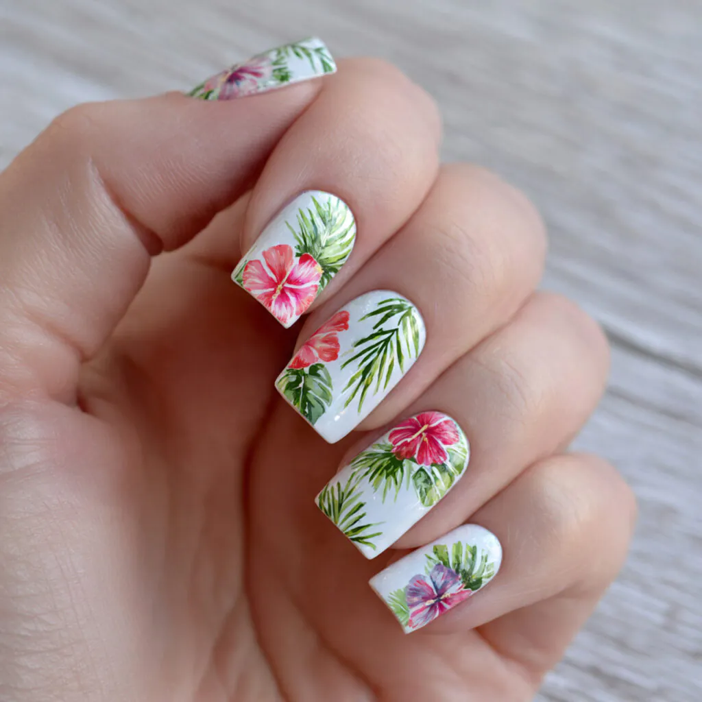 15 Hibiscus Flower Summer Nails That Are Basically a Vacation on Your Hands 15 white base tropical hibiscus nails