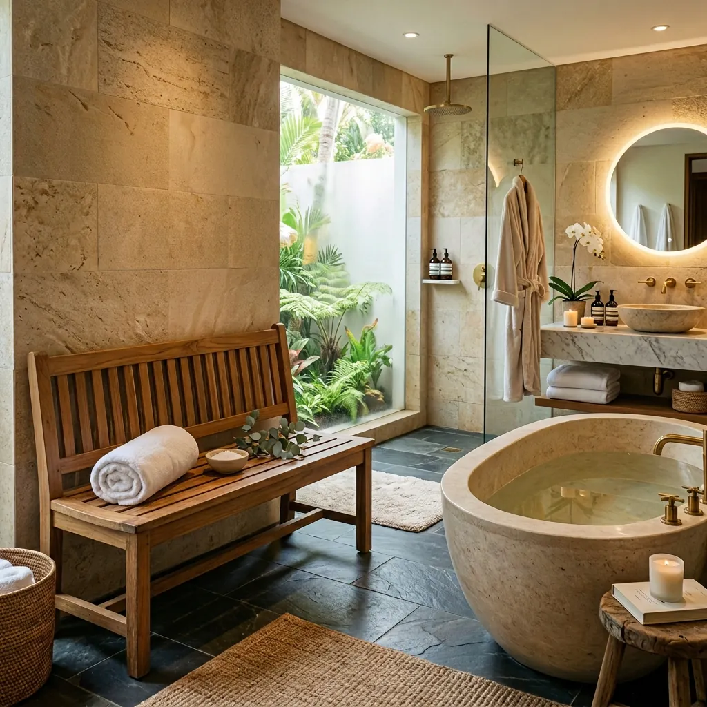 16 Spa Bathroom Ideas That’ll Make Your Home Feel Like a 5-Star Retreat 11 Add a Bench or Stool for Hotel Spa Vibes