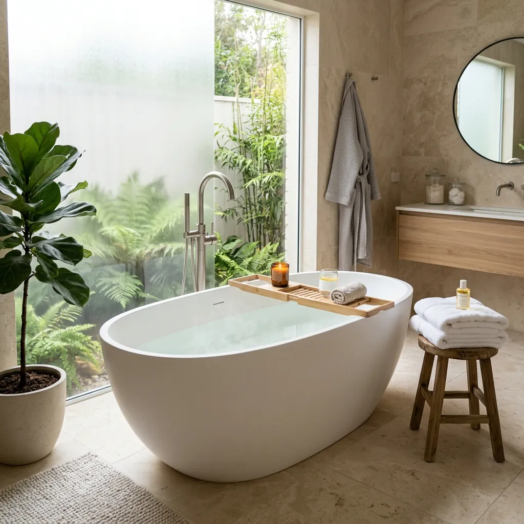 16 Spa Bathroom Ideas That’ll Make Your Home Feel Like a 5-Star Retreat 3 Add a Freestanding Bathtub for Main Character Energy