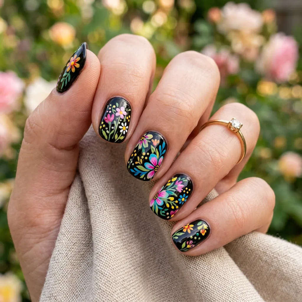 18 Flower Summer Nail Ideas That’ll Make Your Hands the Main Character This Season 11 Black Base with Floral Contrast