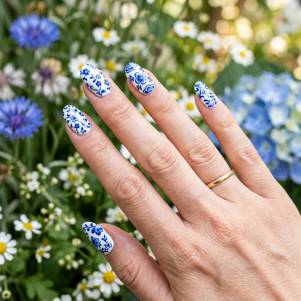 18 Flower Summer Nail Ideas That’ll Make Your Hands the Main Character This Season 17 Blue White Porcelain Floral Nails