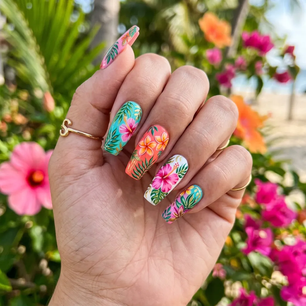 18 Flower Summer Nail Ideas That’ll Make Your Hands the Main Character This Season 4 Bold Tropical Flower Nails