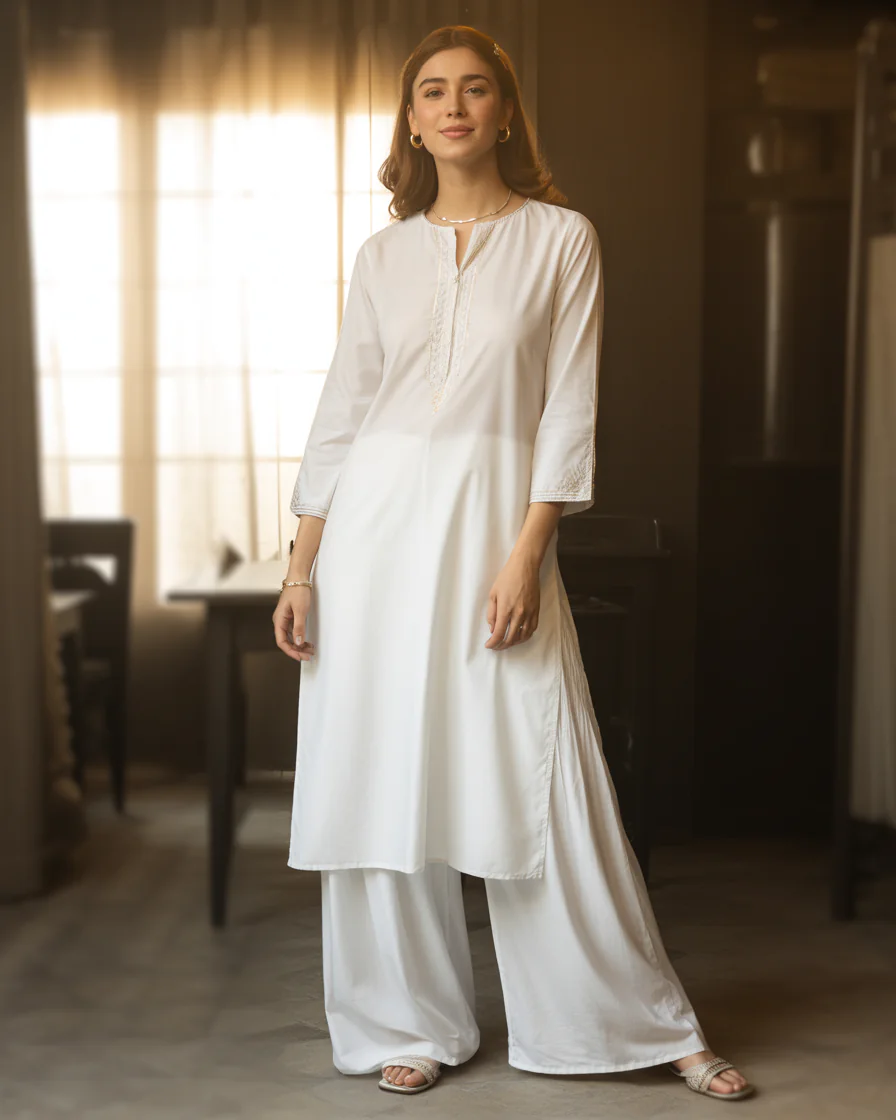 16 Eid Outfit Ideas That’ll Have Everyone Asking “Okay… Where Did You Get That?” 6 Classic White Kurta With Palazzo Pants