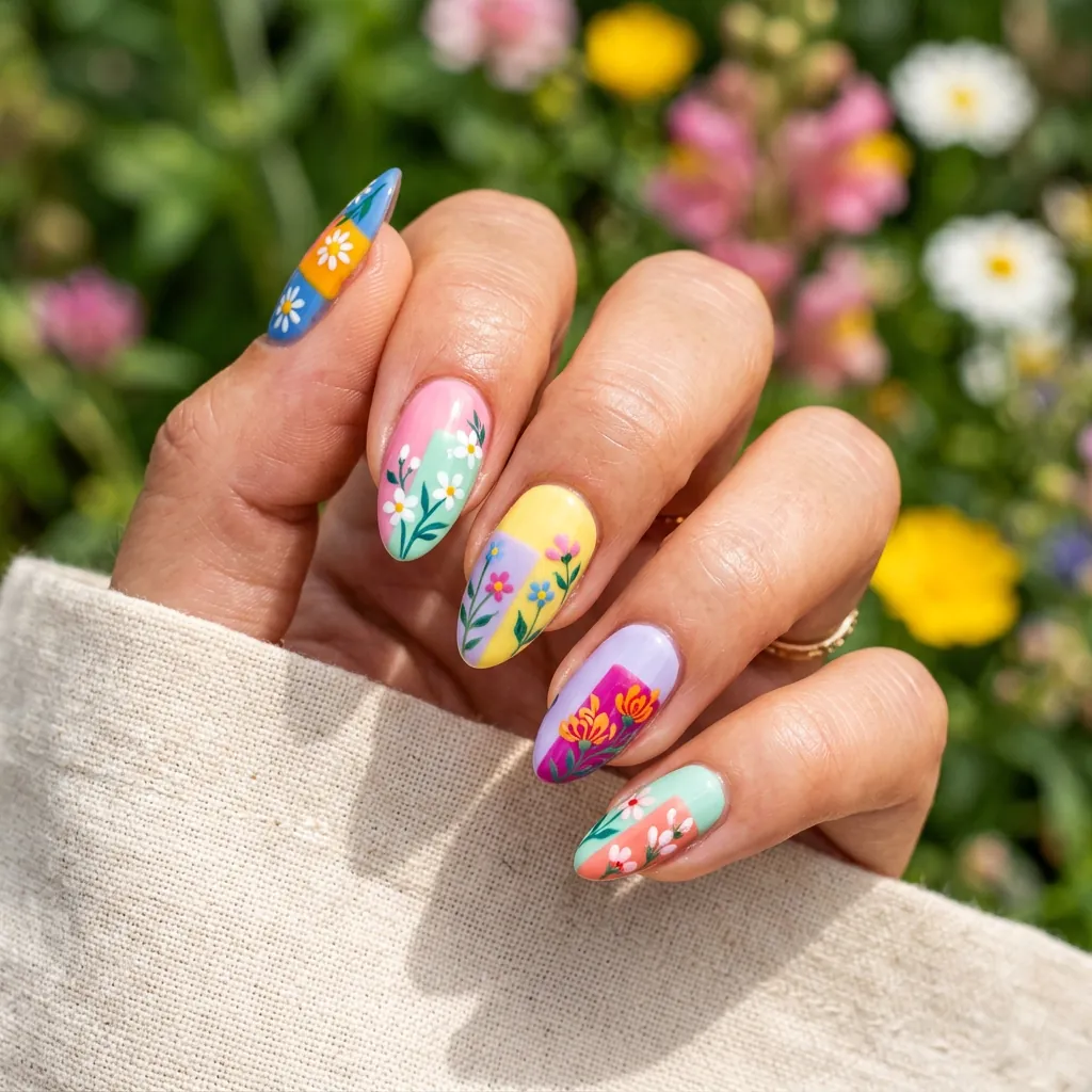 18 Flower Summer Nail Ideas That’ll Make Your Hands the Main Character This Season 15 Color Blocked Floral Nails