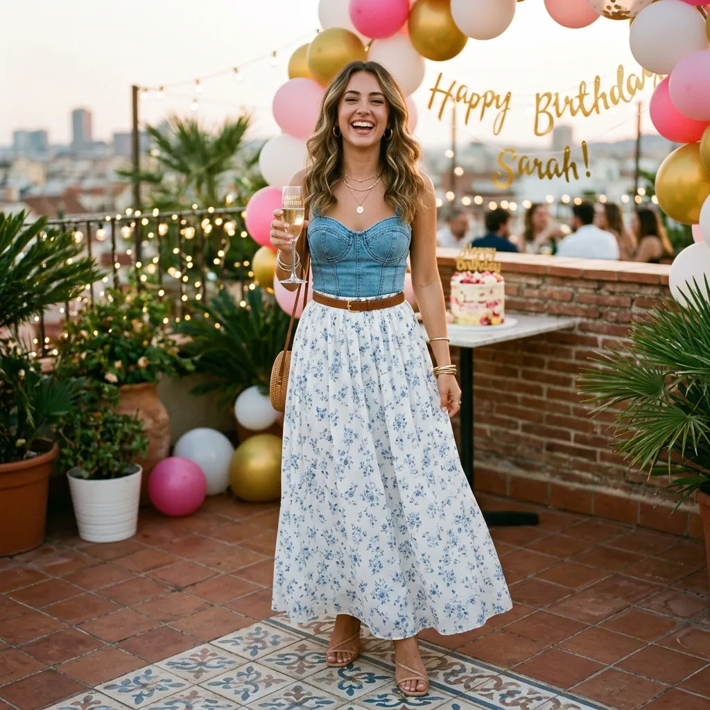 17 Birthday Outfit Ideas for Women That’ll Make You Feel Like That Girl All Day 9 Denim Corset Maxi Skirt