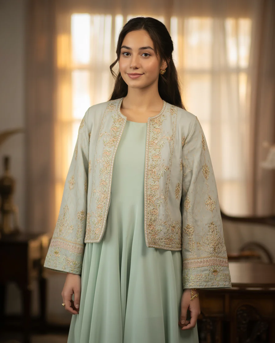 16 Eid Outfit Ideas That’ll Have Everyone Asking “Okay… Where Did You Get That?” 13 Embroidered Jacket Over Simple Dress