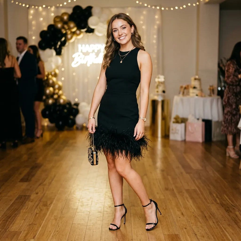 17 Birthday Outfit Ideas for Women That’ll Make You Feel Like That Girl All Day 13 Feather Trim Dress Minimal Heels 1