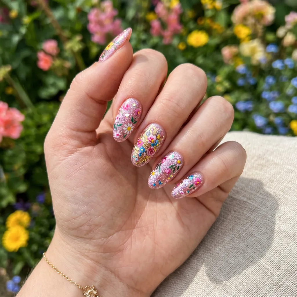 18 Flower Summer Nail Ideas That’ll Make Your Hands the Main Character This Season 12 Glitter Floral Nails