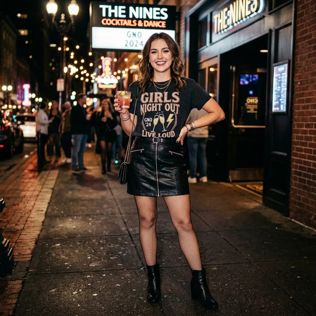17 Girls Night Out Outfit Ideas That’ll Have Your Group Chat Asking “Where’d You Get That?!” 11 Graphic Tee Leather Skirt
