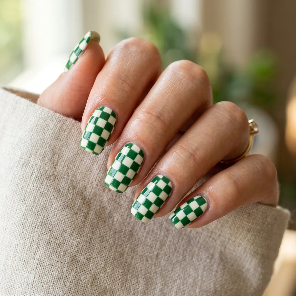16 Green Summer Nails That Will Make You Cancel Your Nude Phase Immediately 10 Green Checkerboard Nails