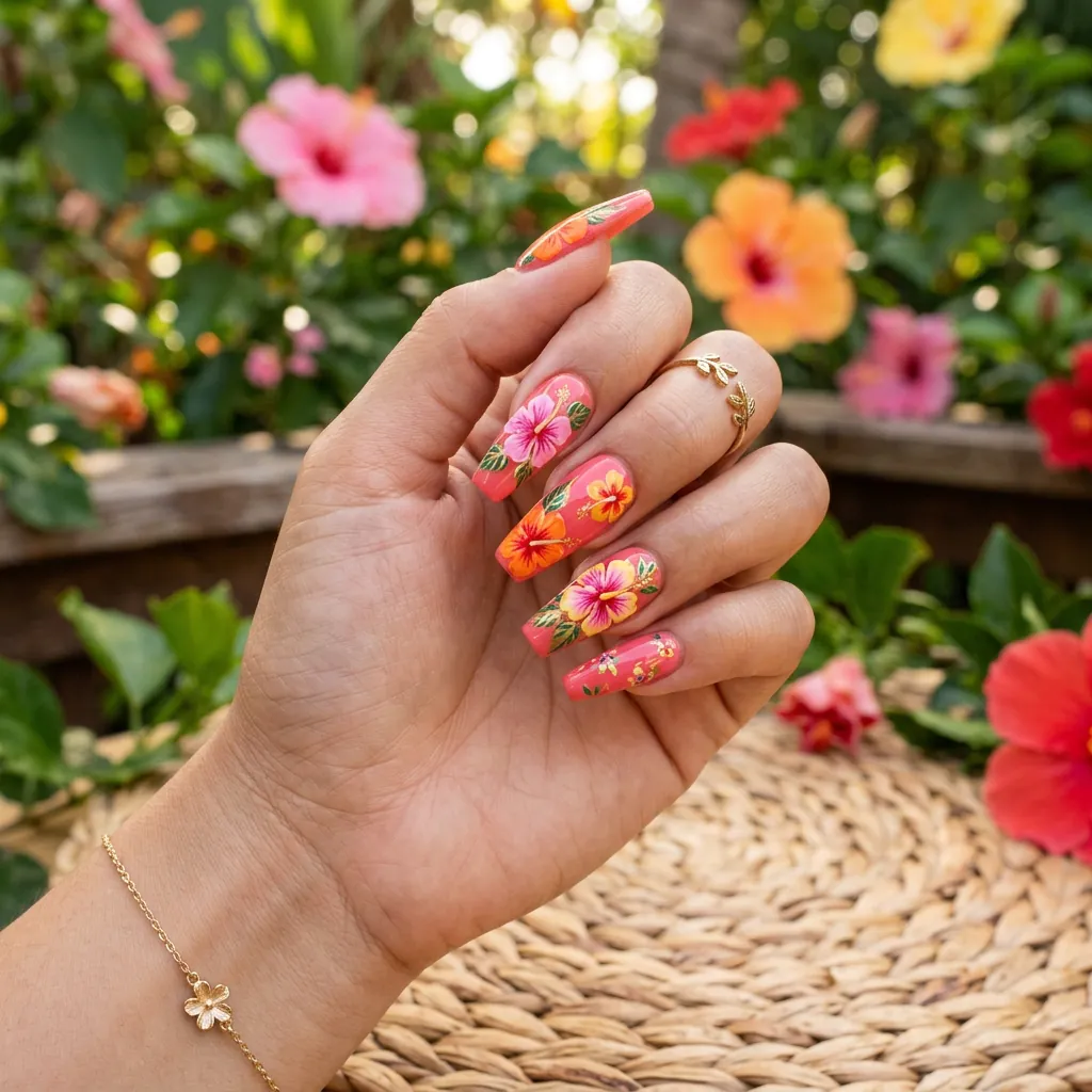 17 Beach Summer Nails That Will Make Your Vacation Photos Instantly Hotter 15 Hibiscus Flower Nails