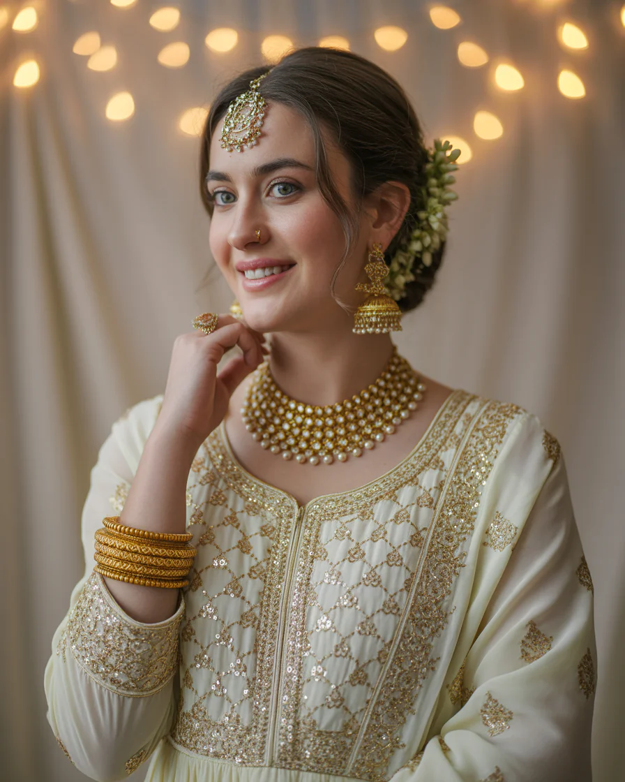 16 Eid Outfit Ideas That’ll Have Everyone Asking “Okay… Where Did You Get That?” 2 Ivory Anarkali With Gold Jewelry