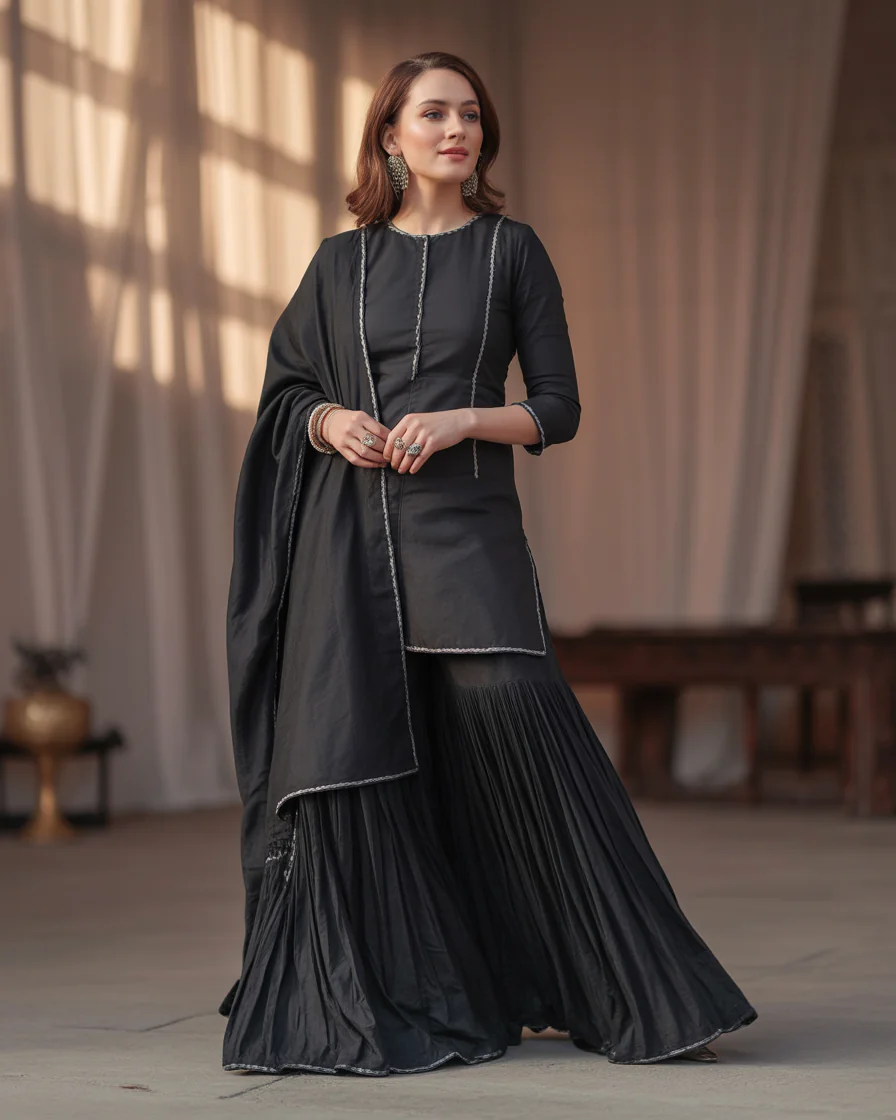 16 Eid Outfit Ideas That’ll Have Everyone Asking “Okay… Where Did You Get That?” 3 Monochrome Black Sharara Set