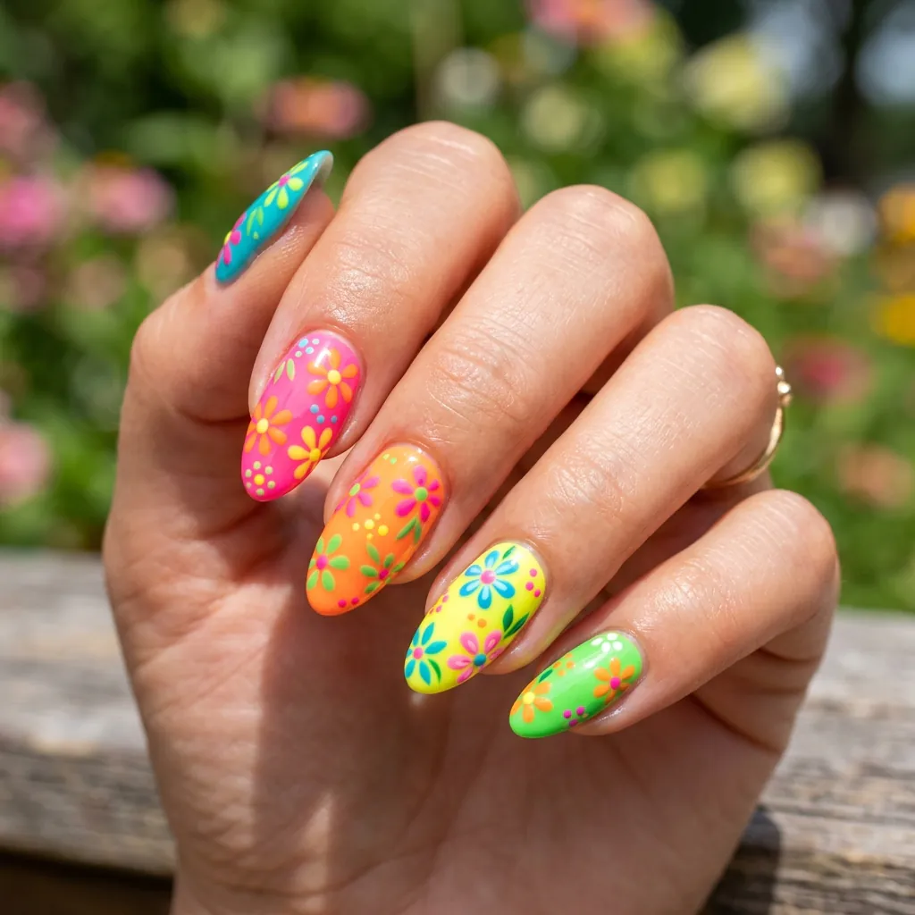 18 Flower Summer Nail Ideas That’ll Make Your Hands the Main Character This Season 9 Neon Flower Pop Nails