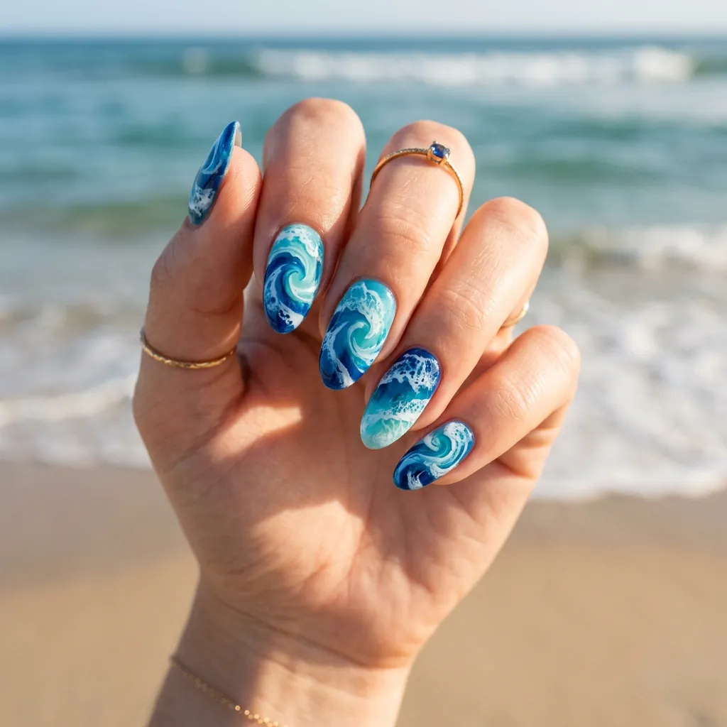 17 Beach Summer Nails That Will Make Your Vacation Photos Instantly Hotter 2 Ocean Wave Swirls