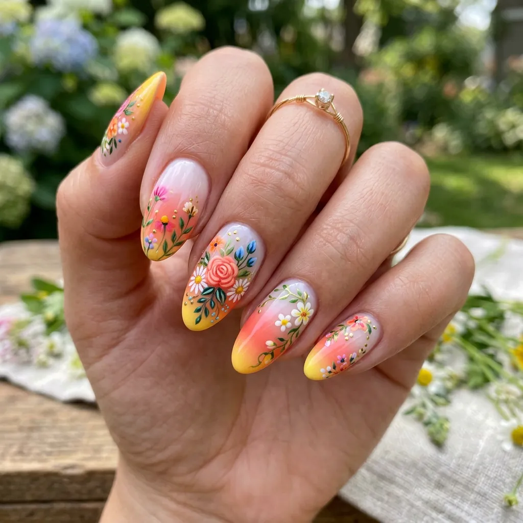 18 Flower Summer Nail Ideas That’ll Make Your Hands the Main Character This Season 10 Ombre Floral Combo
