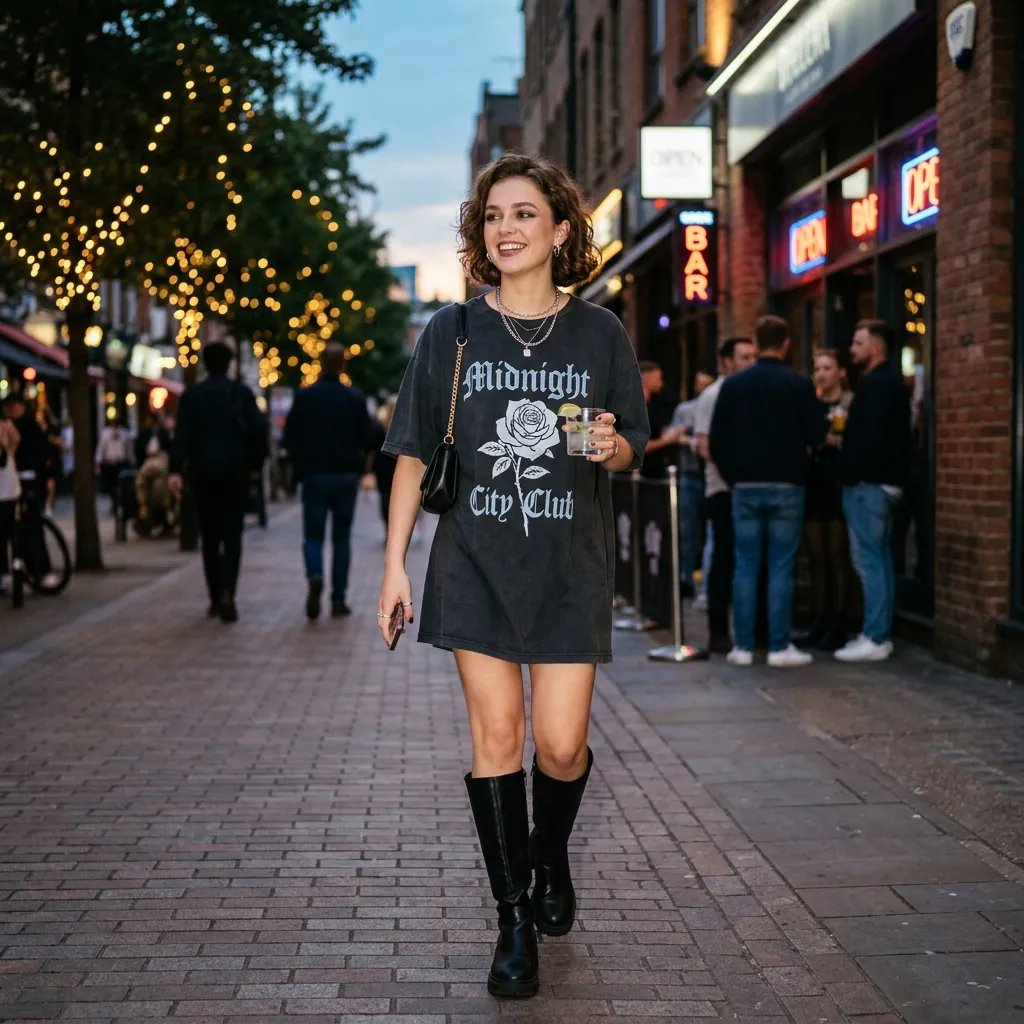 17 Girls Night Out Outfit Ideas That’ll Have Your Group Chat Asking “Where’d You Get That?!” 17 Oversized Shirt Tall Boots