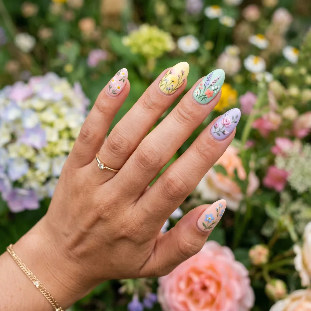 18 Flower Summer Nail Ideas That’ll Make Your Hands the Main Character This Season 3 Pastel Garden Party Nails