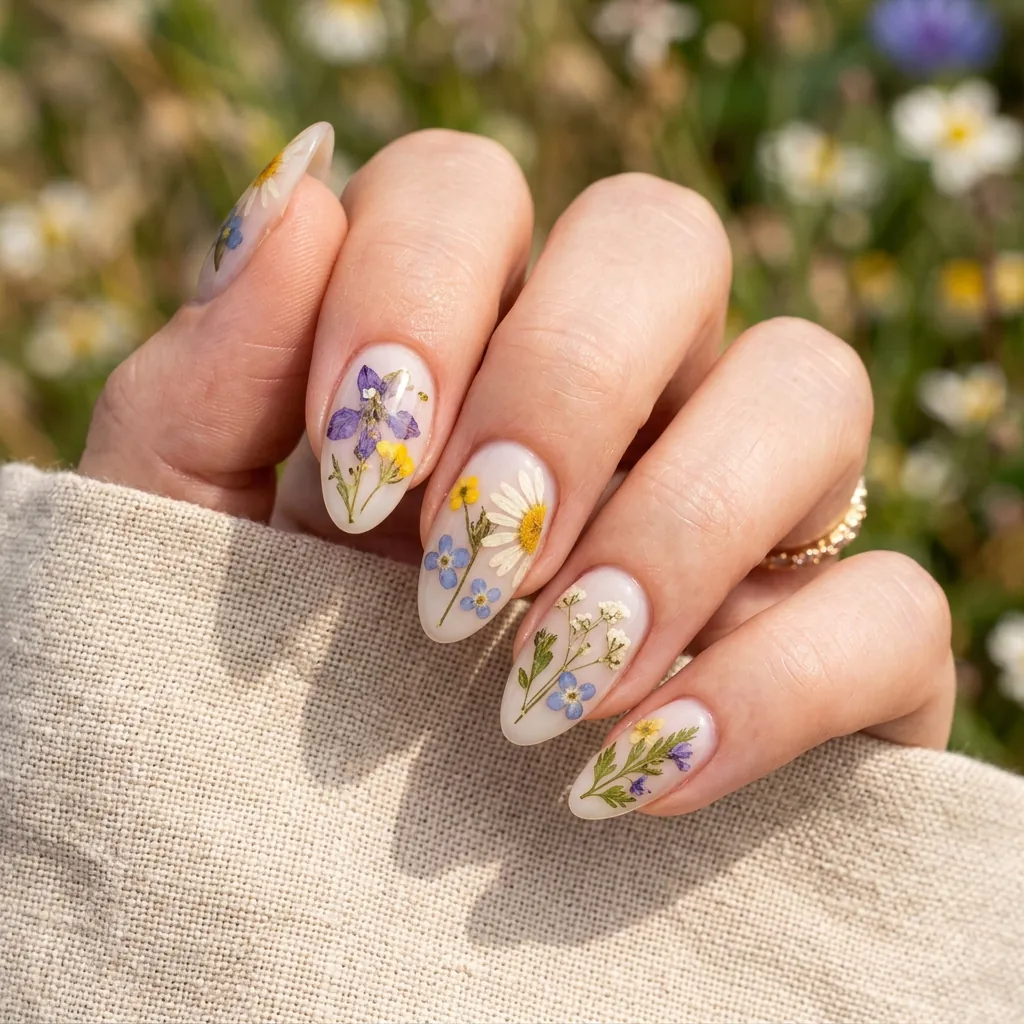 18 Flower Summer Nail Ideas That’ll Make Your Hands the Main Character This Season 8 Pressed Flower Aesthetic Nails