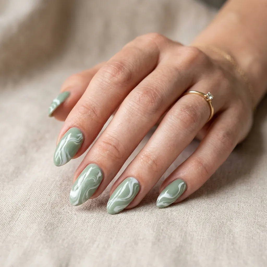 16 Green Summer Nails That Will Make You Cancel Your Nude Phase Immediately 4 Sage Green + White Swirls