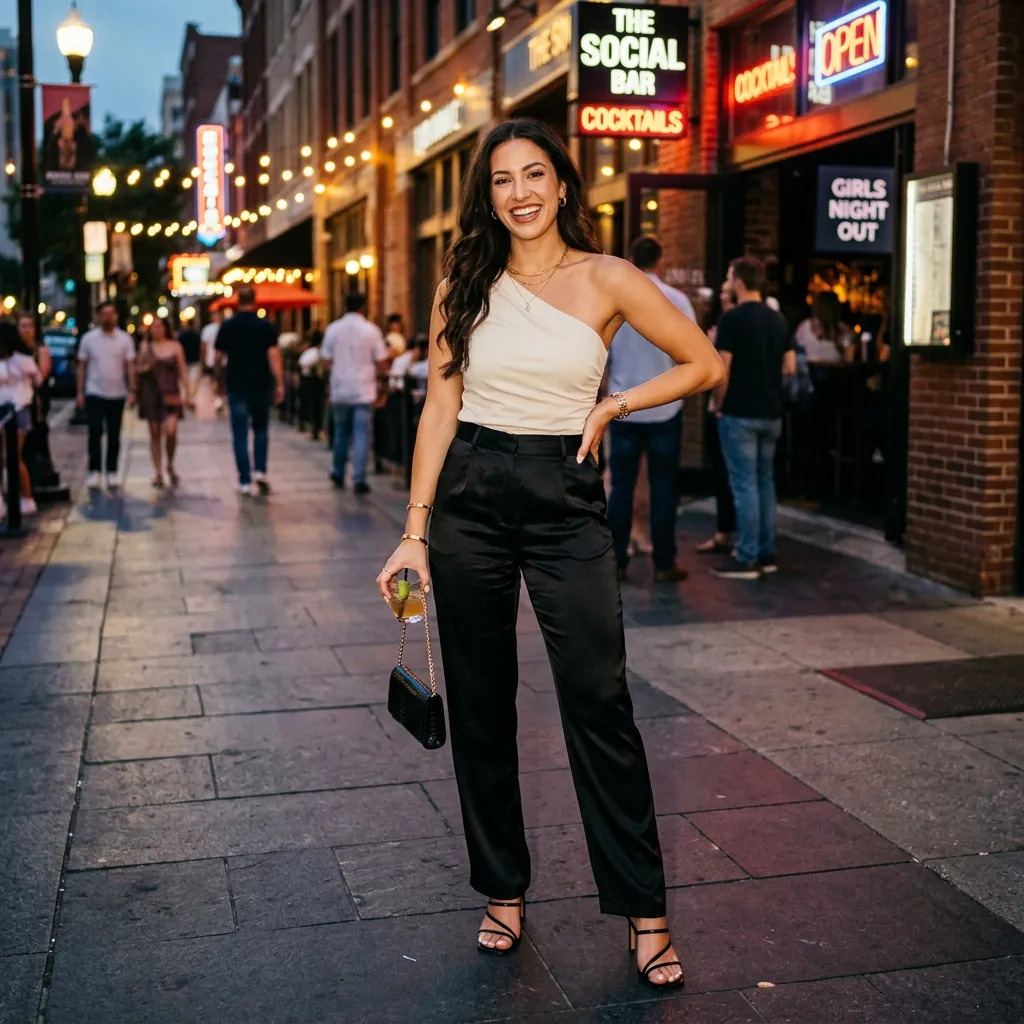 17 Girls Night Out Outfit Ideas That’ll Have Your Group Chat Asking “Where’d You Get That?!” 16 Satin Pants One Shoulder Top