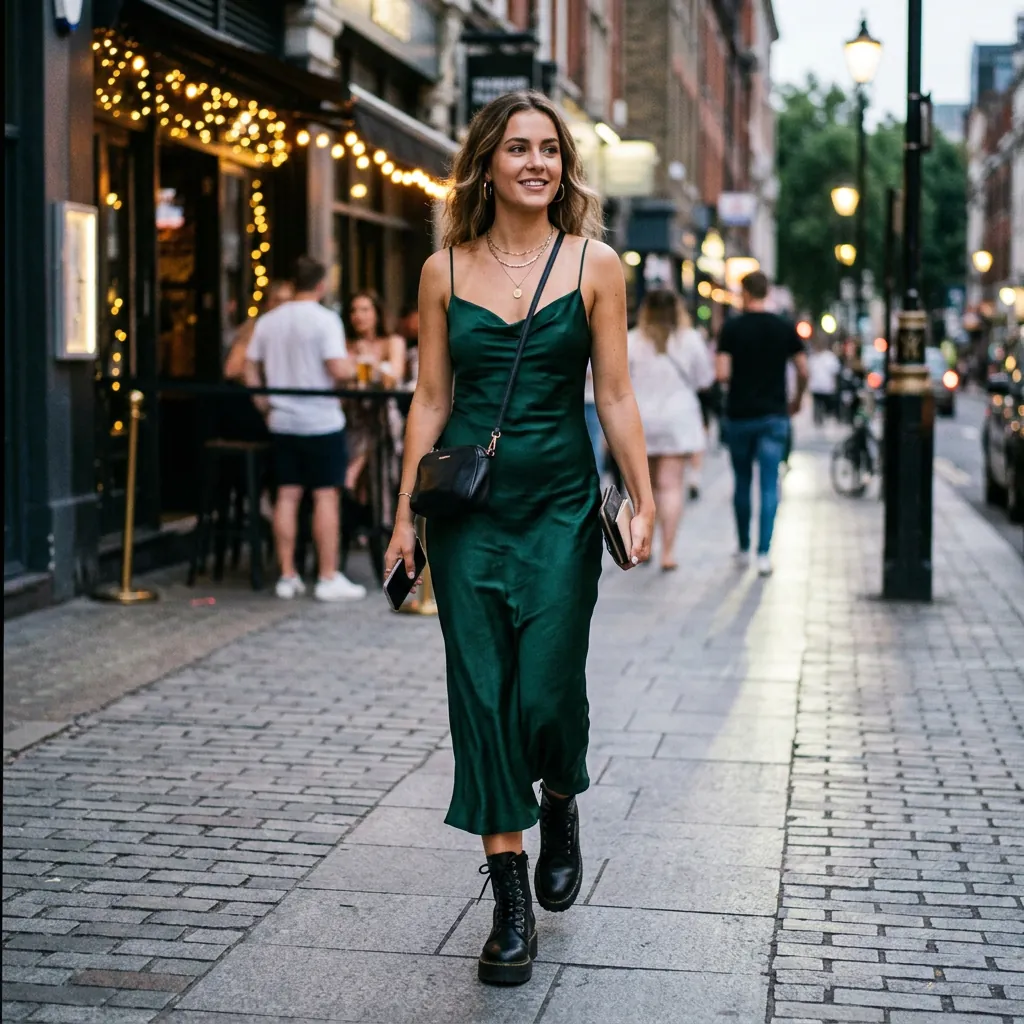 17 Girls Night Out Outfit Ideas That’ll Have Your Group Chat Asking “Where’d You Get That?!” 4 Satin Slip Dress Chunky Boots