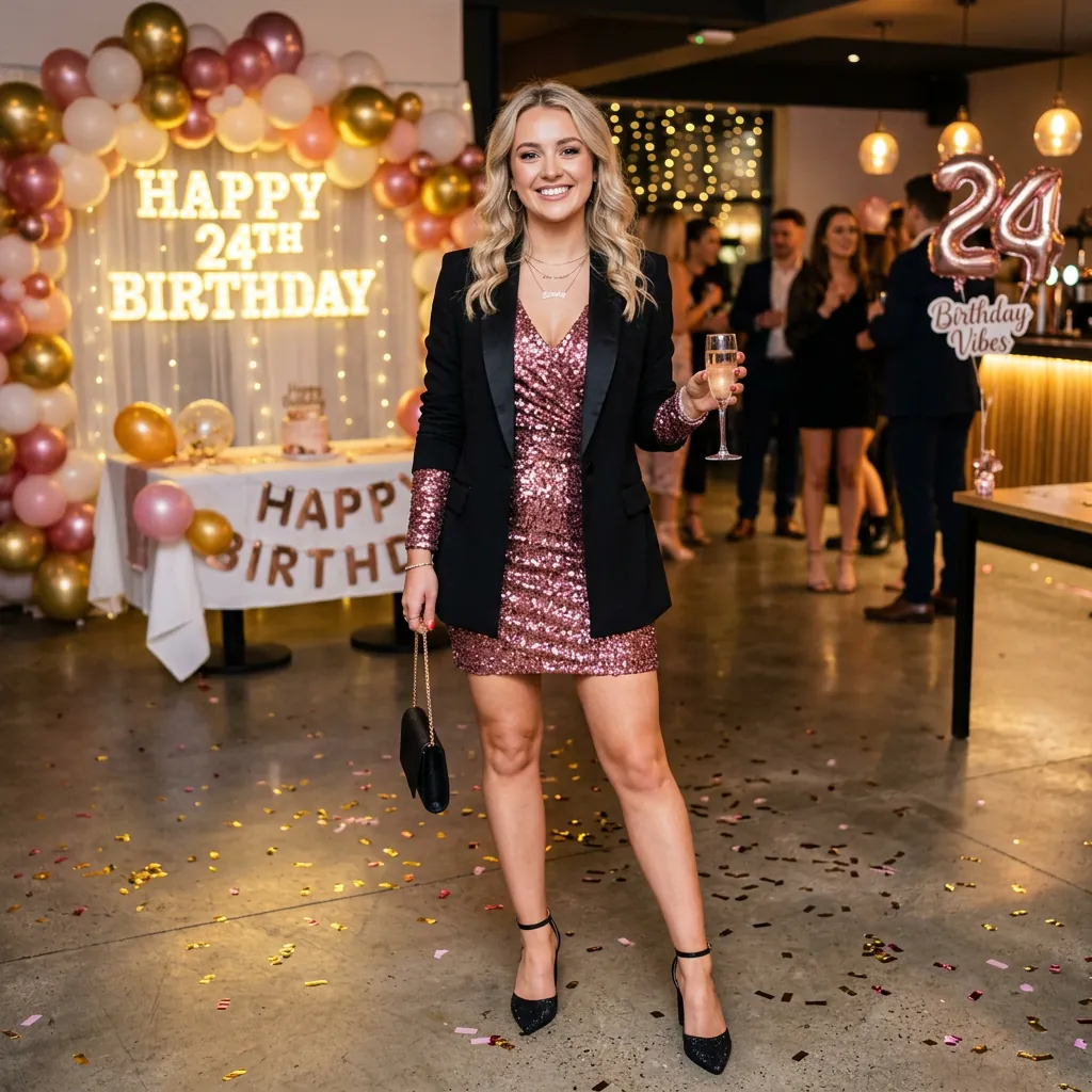 17 Birthday Outfit Ideas for Women That’ll Make You Feel Like That Girl All Day 10 Sequin Mini Dress Blazer 1