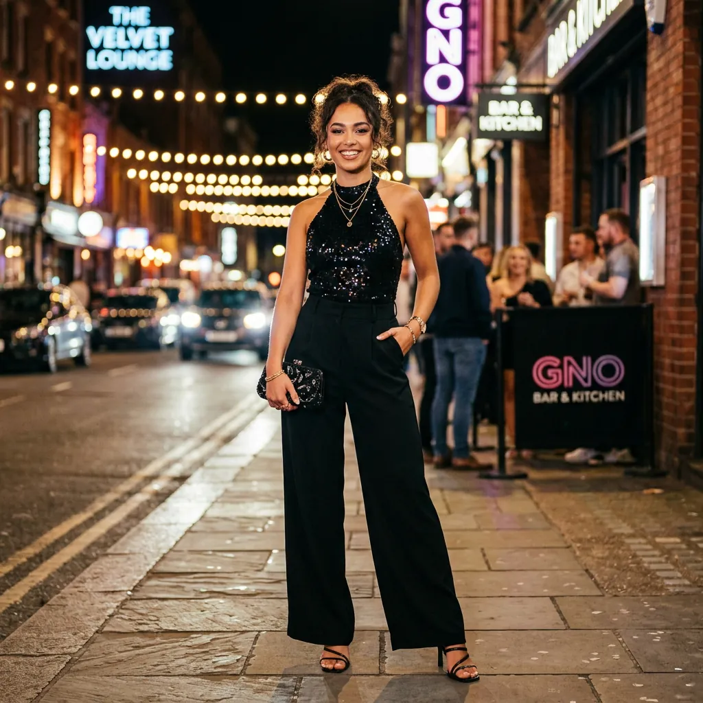 17 Girls Night Out Outfit Ideas That’ll Have Your Group Chat Asking “Where’d You Get That?!” 7 Sequin Top Relaxed Trousers