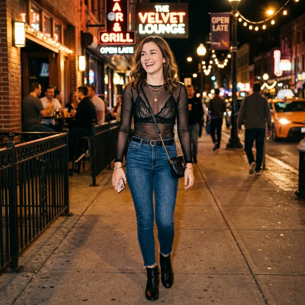 17 Girls Night Out Outfit Ideas That’ll Have Your Group Chat Asking “Where’d You Get That?!” 12 Sheer Top Bralette Jeans
