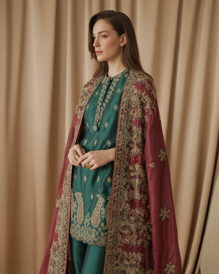 16 Eid Outfit Ideas That’ll Have Everyone Asking “Okay… Where Did You Get That?” 5 Silk Co-Ord Set With Embroidered Cape