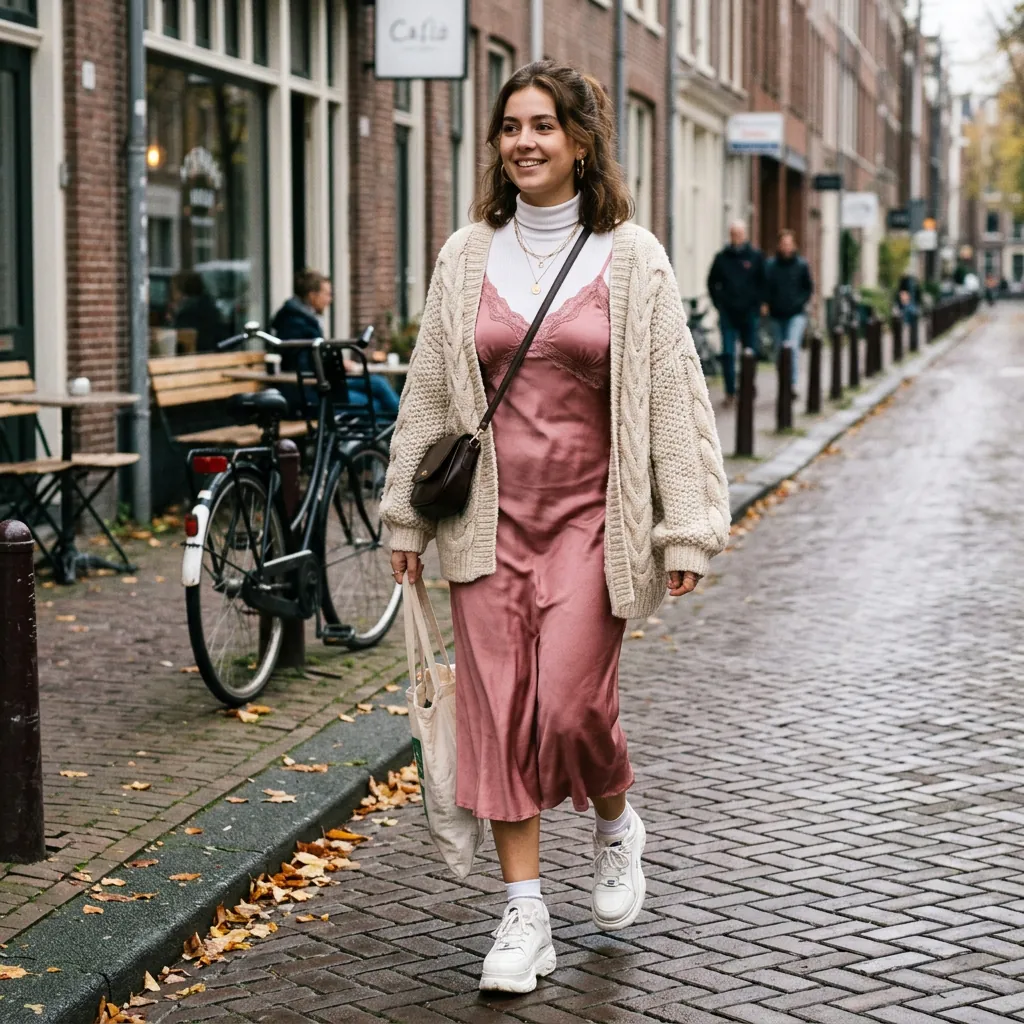15 Cute Outfit Ideas That Make You Look Effortlessly Stylish (Without Trying Too Hard) 4 Slip Dress Chunky Cardigan