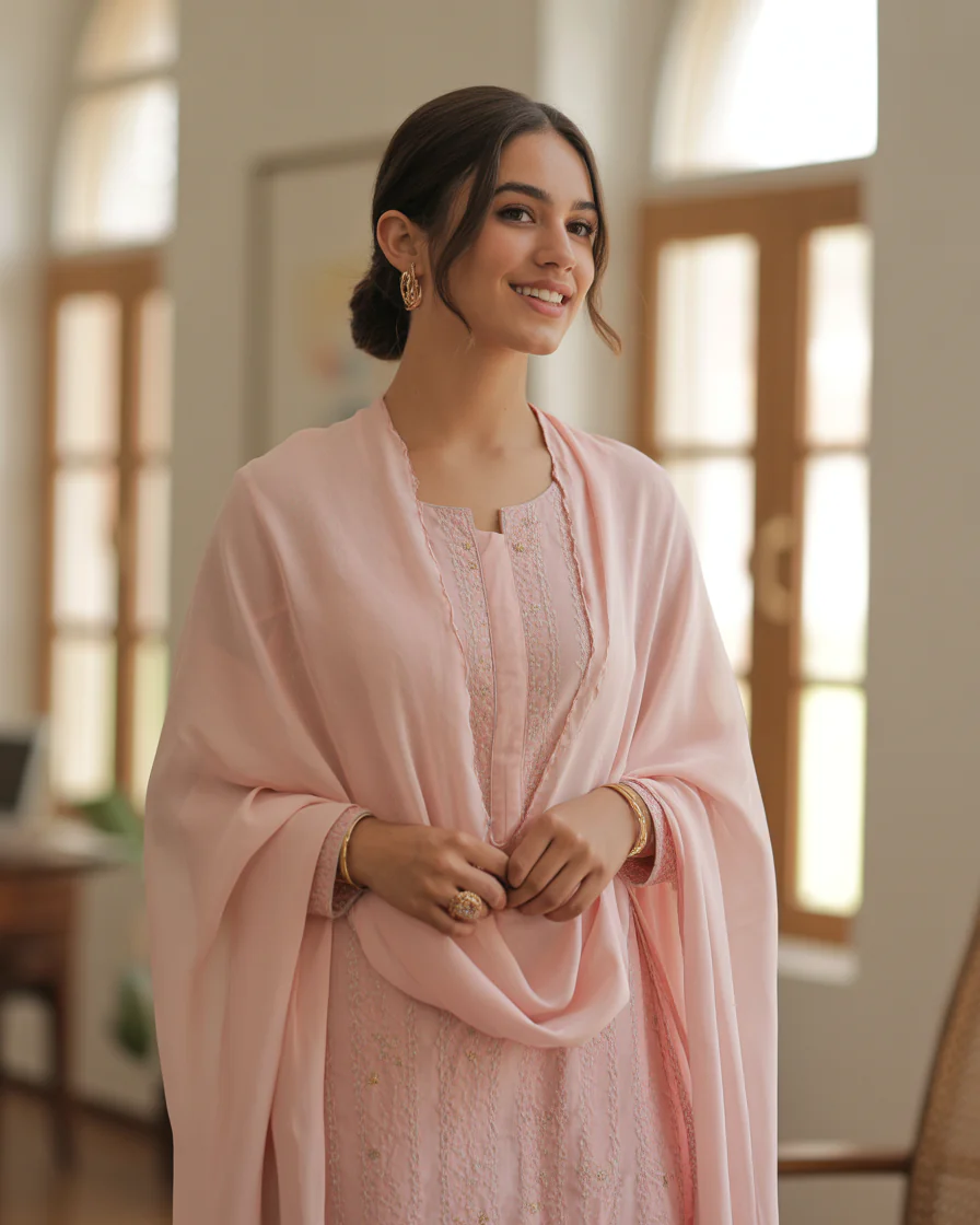 16 Eid Outfit Ideas That’ll Have Everyone Asking “Okay… Where Did You Get That?” 12 Soft Pink Chiffon Ensemble