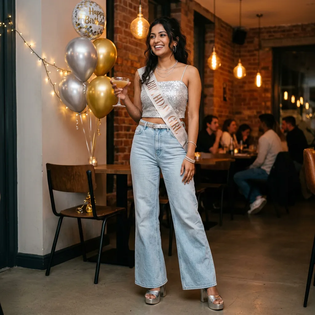 17 Birthday Outfit Ideas for Women That’ll Make You Feel Like That Girl All Day 4 Sparkly Top Wide Leg Jeans